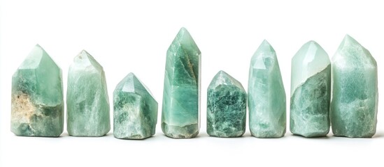 Poster - Green crystals in various shapes and sizes arranged in a line on a white background with Copy Space for text