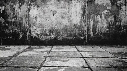 Aufkleber - Grungy textured wall with cracked plaster and aged tiles on the ground Copy Space for text placement