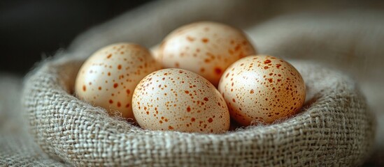 Aufkleber - Spotted eggs arranged in a natural jute sack with textured background Copy Space
