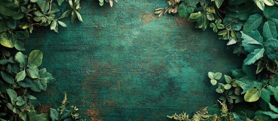 Poster - Green foliage frame with copy space on a weathered wooden background for nature-themed design projects.