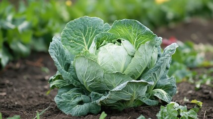 Poster - Fresh green cabbage growing in a garden bed with rich soil and foliage in the background Copy Space