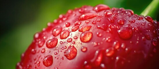 Poster - Red cherry with water droplets on surface and green foliage in background Copy Space