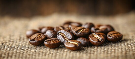 Poster - Coffee beans on burlap fabric with natural background Copy Space