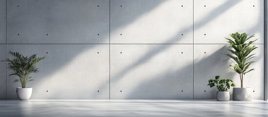 Aufkleber - Modern interior with concrete wall and potted plants showcasing natural light and shadows Copy Space