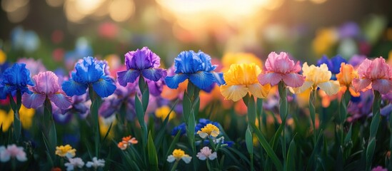 Fototapete - Vibrant colorful flower field with blooming irises at sunset with soft light and bokeh effect Copy Space