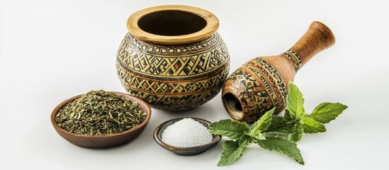 Aufkleber - Traditional clay pot with herbs and salt on white background with mint leaves and space for text