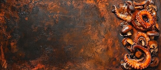 Poster - Rustic background with octopus and seashells on textured surface Copy Space for marine or culinary designs
