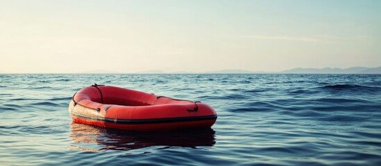Poster - Bright red inflatable boat floating on calm ocean water during sunset with clear sky and distant horizon Copy Space
