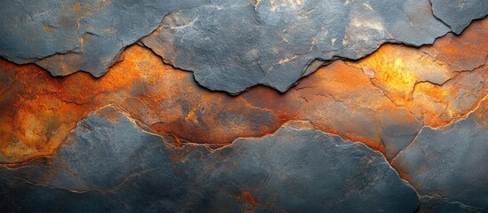 Poster - abstract texture of cracked slate stones with orange and gray tones background with copy space for t