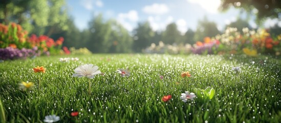 Poster - Sunlit garden scene with vibrant flowers on lush green grass and soft focus background, featuring dew on petals and leaves, Copy Space