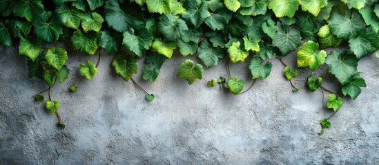 Poster - Lush green ivy leaves cascading over a textured gray wall with ample copy space for text insertion