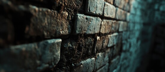 Aufkleber - Textured close-up of an old weathered brick wall with moss and rust in a dark alleyway Copy Space