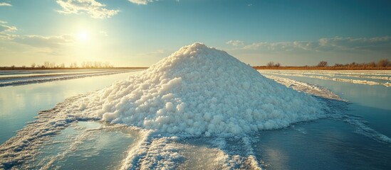 Poster - Salt mound in saline marsh at sunrise with reflective water and clear sky Copy Space