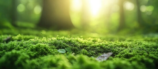 Aufkleber - Lush green moss covering forest floor with soft sunlight filtering through trees in blurred background Copy Space