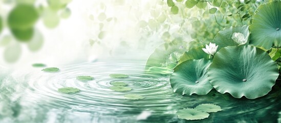 Aufkleber - Lily pads with white flowers on calm water surface in a tranquil environment with soft reflections and natural greenery Copy Space