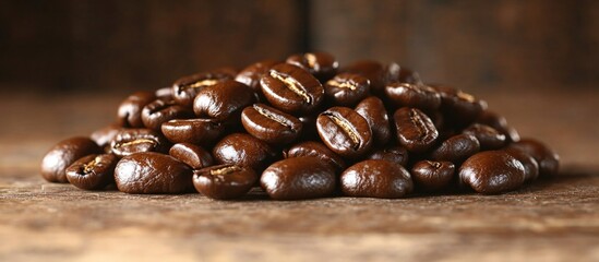 Poster - Freshly roasted coffee beans on rustic wooden surface with natural light and Copy Space for text placement.