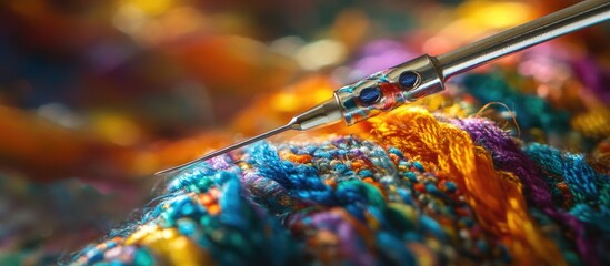 Aufkleber - Macro shot of a sewing needle threading colorful fibers with vibrant blurred background and Copy Space for text placement