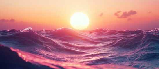 Poster - Serene Sunset Reflection on Ocean Waves with Ample Blank Space for Text in a Tranquil Dusk Setting