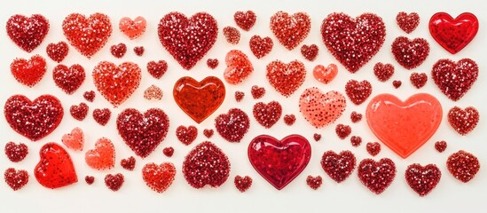 Poster - Colorful assortment of glittery heart-shaped decorations in various sizes and red hues on a white background Copy Space