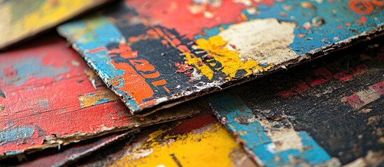 Poster - Close-up of weathered and colorful paint layers on wooden surface with texture and Copy Space for text