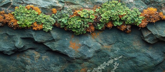 Poster - Lush green and orange moss and lichen growth on rough, weathered rock surface with Copy Space for text placement