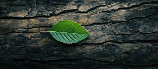 Poster - Green leaf on textured wooden background with natural patterns and Copy Space for text placement