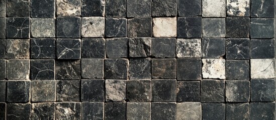 Poster - Dark Stone Tile Pattern Background with Textured Square Blocks