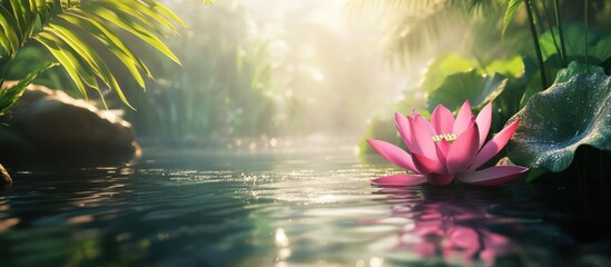 Aufkleber - Tropical water scene with pink lotus flower in calm pond surrounded by lush greenery and soft morning light Copy Space