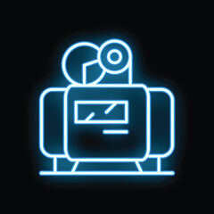Poster - Bright blue neon air compressor icon glowing on black background