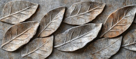 Poster - Textured wall with decorative relief of overlapping leaves in earthy tones and Copy Space for design use.