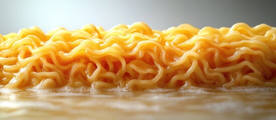 Poster - Close-up view of cooked instant noodles with steam rising and soft lighting background Copy Space