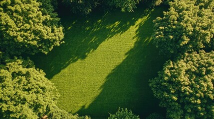 Poster - Aerial view of lush green grass surrounded by trees casting long shadows Copy Space