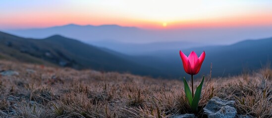 Poster - Lonely pink tulip blooming on a hillside during sunset with a blurred mountainous background and Copy Space for text.