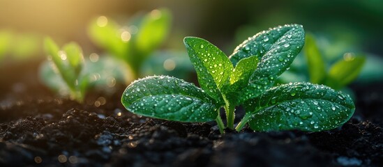 Poster - Close-up of young green plant leaves with water droplets on rich dark soil in soft sunlight Copy Space