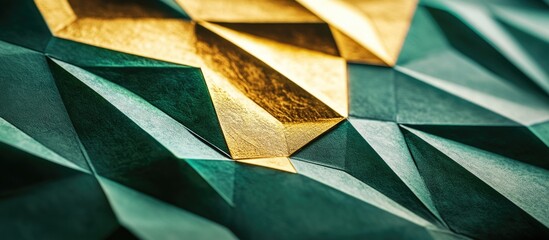 Aufkleber - Geometric abstract background with green and gold triangular shapes and textures featuring Copy Space for text placement