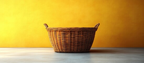 Poster - Wicker basket on a wooden surface against a bright yellow background with copy space for text