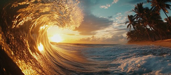 Poster - Sunset waves crashing on a tropical beach with palm trees in the background featuring warm colors and dynamic cloud formations Copy Space