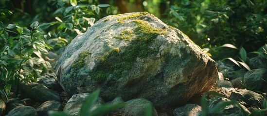 Aufkleber - Large moss-covered rock surrounded by greenery in a natural setting with Copy Space for text placement