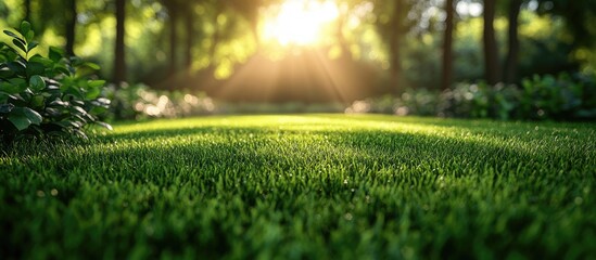 Aufkleber - Lush green grass with soft sunlight filtering through trees in a forested environment Copy Space