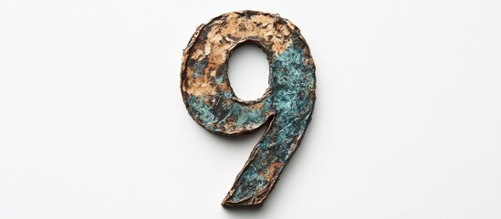 Poster - Rusty metal number nine with a textured surface and a white background featuring ample copy space.