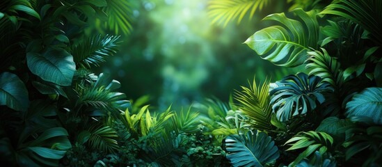 Aufkleber - Lush tropical foliage background with varied green leaves and soft natural light beams Copy Space