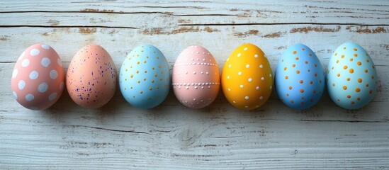 Aufkleber - Colorful decorative Easter eggs arranged on a rustic wooden background with copy space for text.