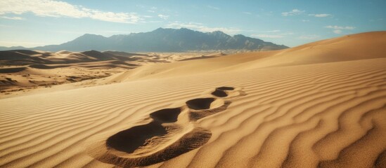 Poster - Desert landscape with footprints in sand dunes under blue sky and mountains in the background Copy Space