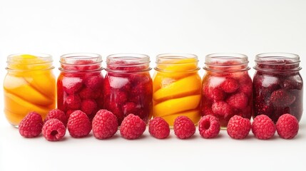 Aufkleber - Assorted fruit jars filled with raspberries and peaches with fresh raspberries in front on a white background Copy Space