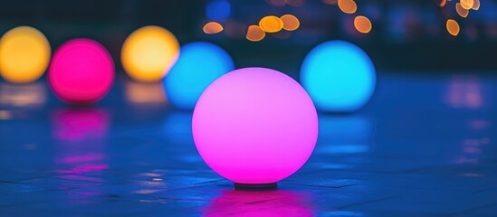 Poster - Colorful glowing spherical lights on a reflective surface with bokeh background and copy space for text