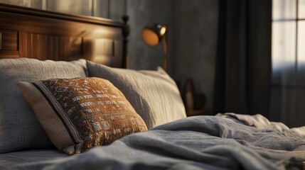 Poster - Scandinavian bedroom design with linen bedding decorative pillows and empty space for text creativity.