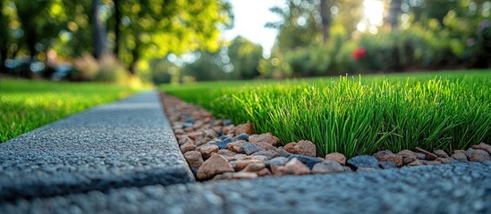 Poster - Lush green grass with stone border in a well-maintained landscape featuring sunlight filtering through trees and copy space.