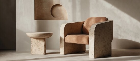 Aufkleber - Contemporary living room with sculptural wooden armchair and round side table against neutral wall architectural decor Copy Space