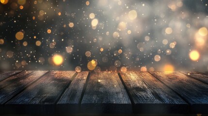 Poster - Rustic wooden table with festive golden bokeh lights in dim background, atmospheric night scene with copy space