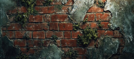 Poster - Aged red brick wall with peeling plaster and green moss growth providing texture and detail Copy Space